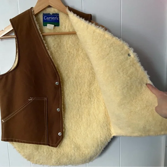 Vintage Carters Fleece Lined Canvas Vest 1970s Work Sherpa Duck USA Brown Tan - Picture 10 of 13